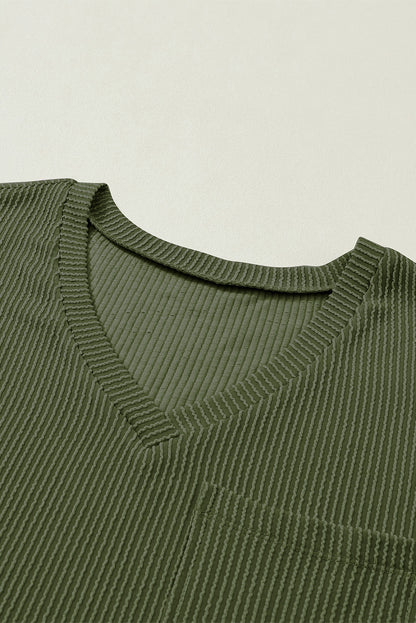 Corded V Neck Chest Pocket Loose T-Shirt | Jungle Green