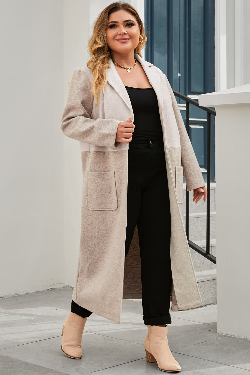 Plus Size Colourblock Lapel Collar Long Coat | Khaki