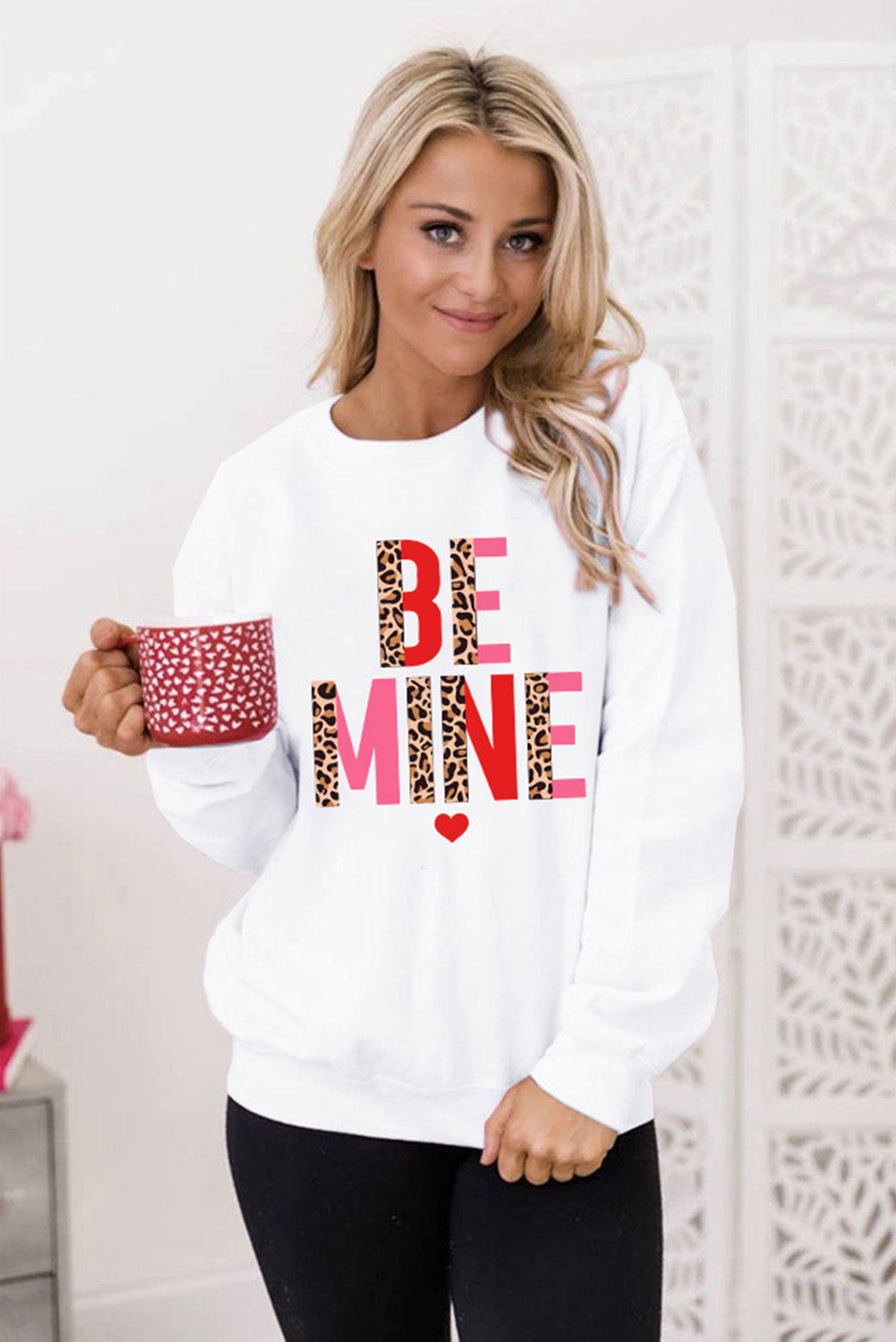 Be Mine Leopard Heart Print Long Sleeve Sweatshirt | White