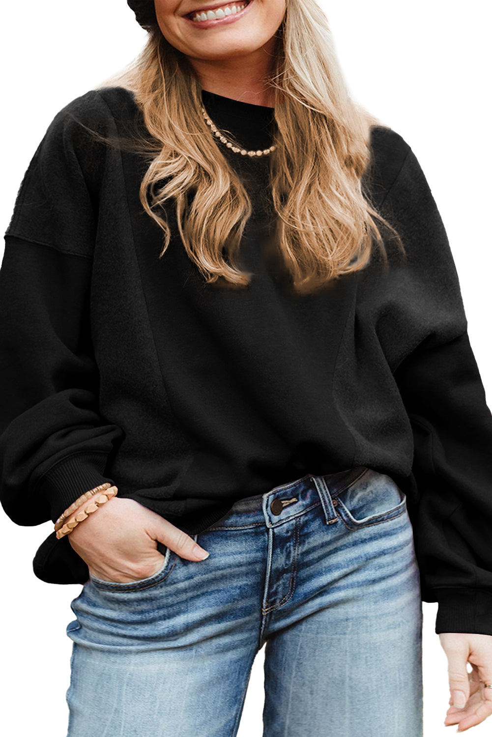 Loose Patchwork Crewneck Plus Size Sweatshirt | Black