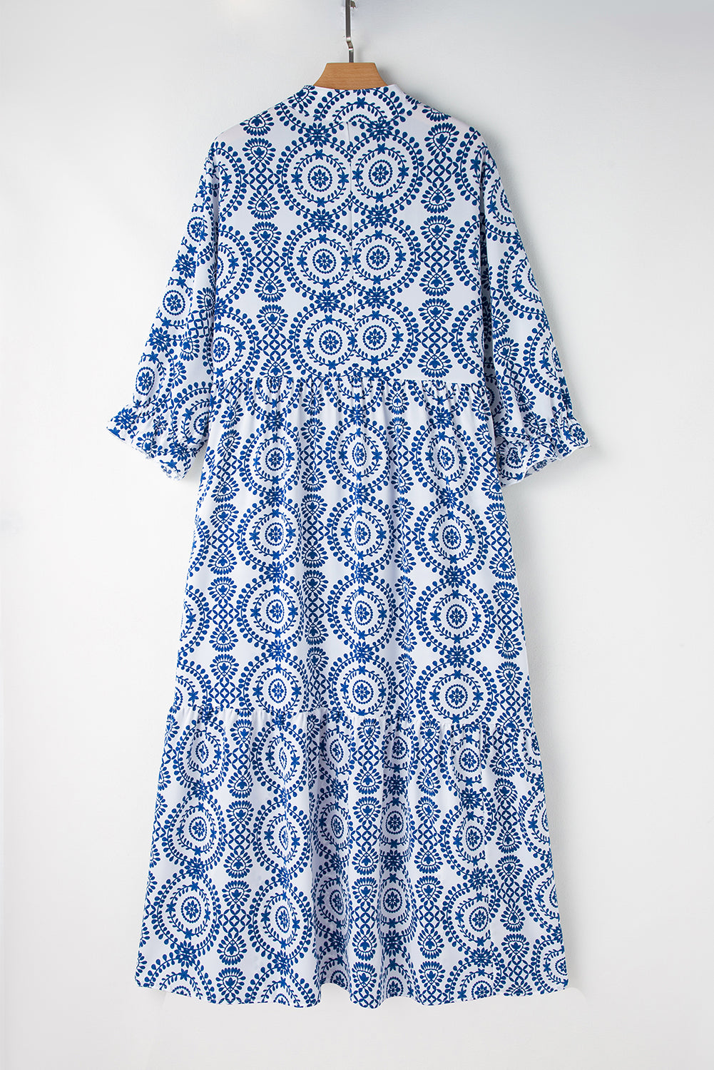 Geometric Print Lace-Up Notch Neck Plus Size Maxi Dress | Sky Blue