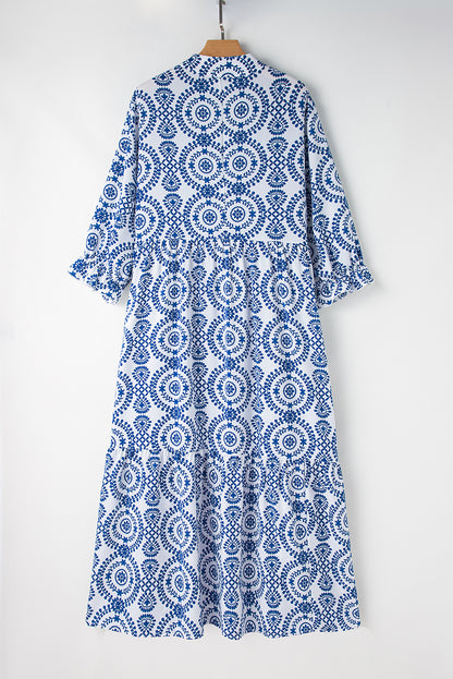 Geometric Print Lace-Up Notch Neck Plus Size Maxi Dress | Sky Blue