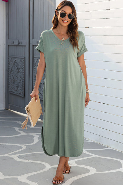 V Neck Hidden Pocket Splits Maxi T-Shirt Dress | Grass Green