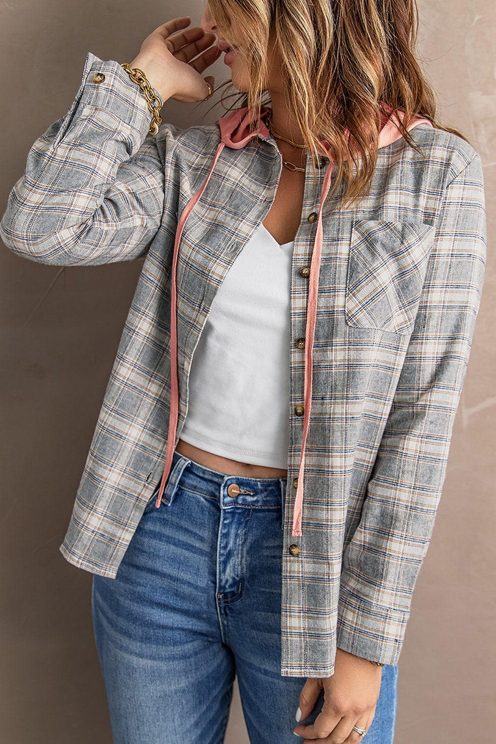 Khaki Drawstring Plaid Hooded Shacket