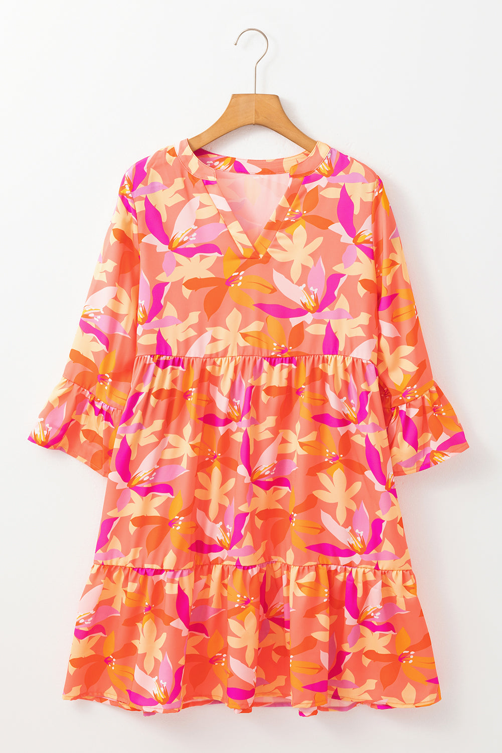 Abstract Print Ruffled Sleeve V Neck Dress | Orange