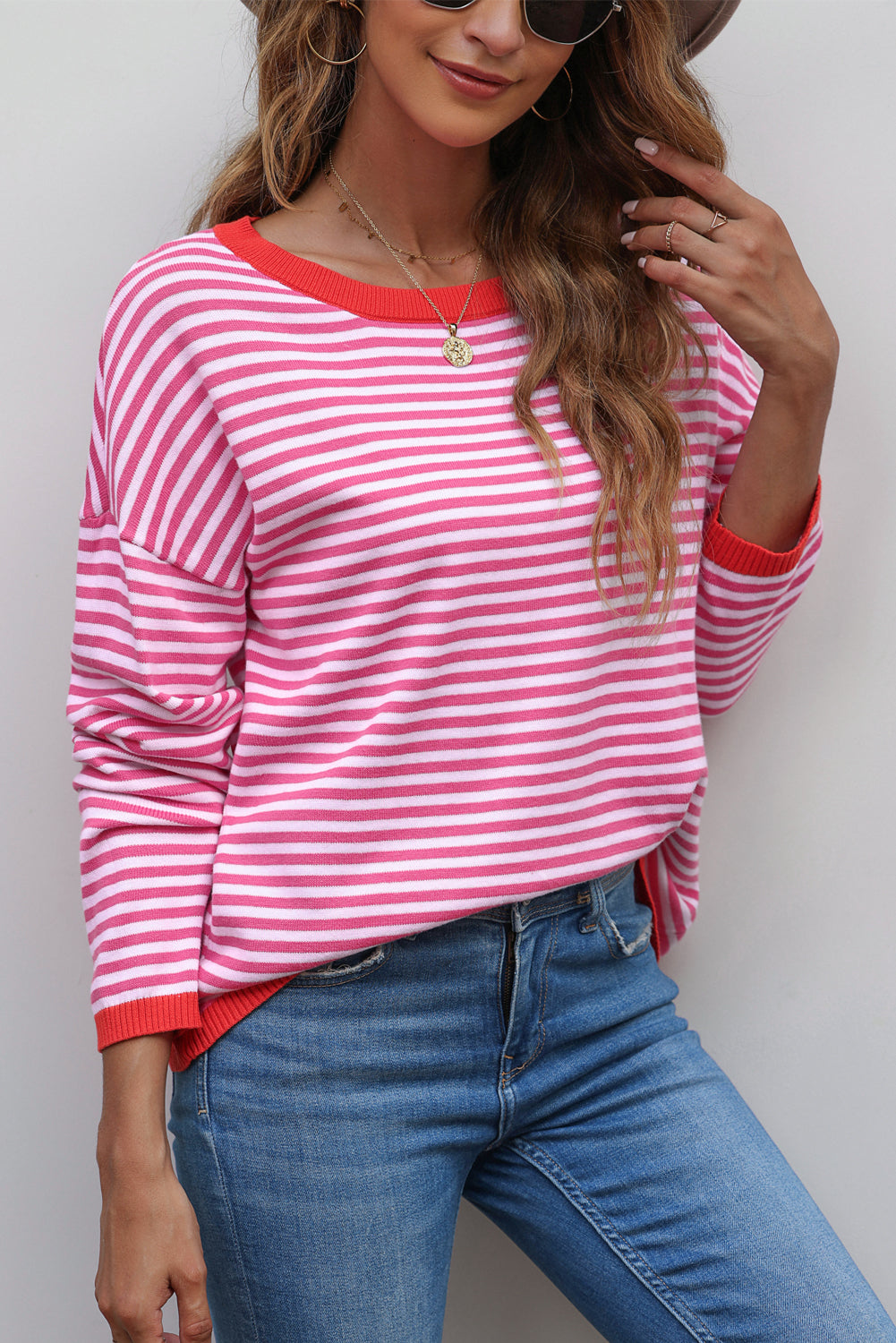 Contrast Trimmed Striped Drop Shoulder Sweater | Pink