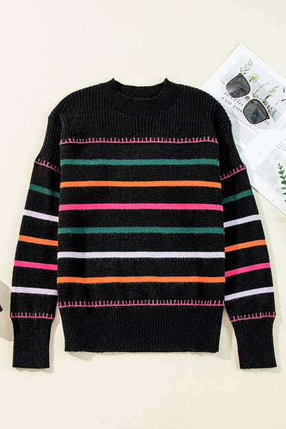 Colourful Striped Ribbed Trim Sweater | Black