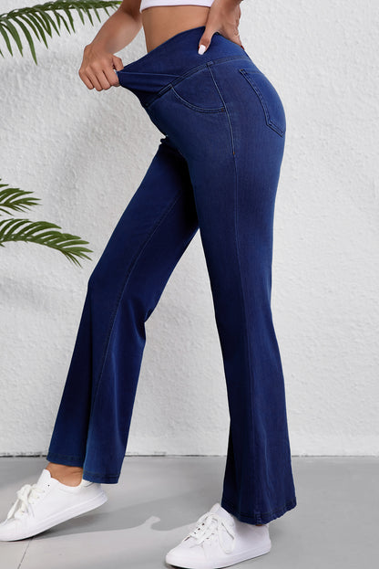 Solid Crossed Waist High Elastic Fit Flare Knit Jeans | Dusk Blue