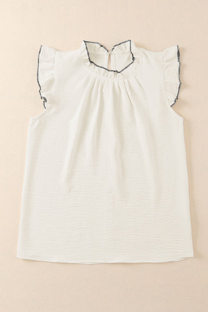 Contrast Trim Ruffled Crew Neck Sleeveless Top | White