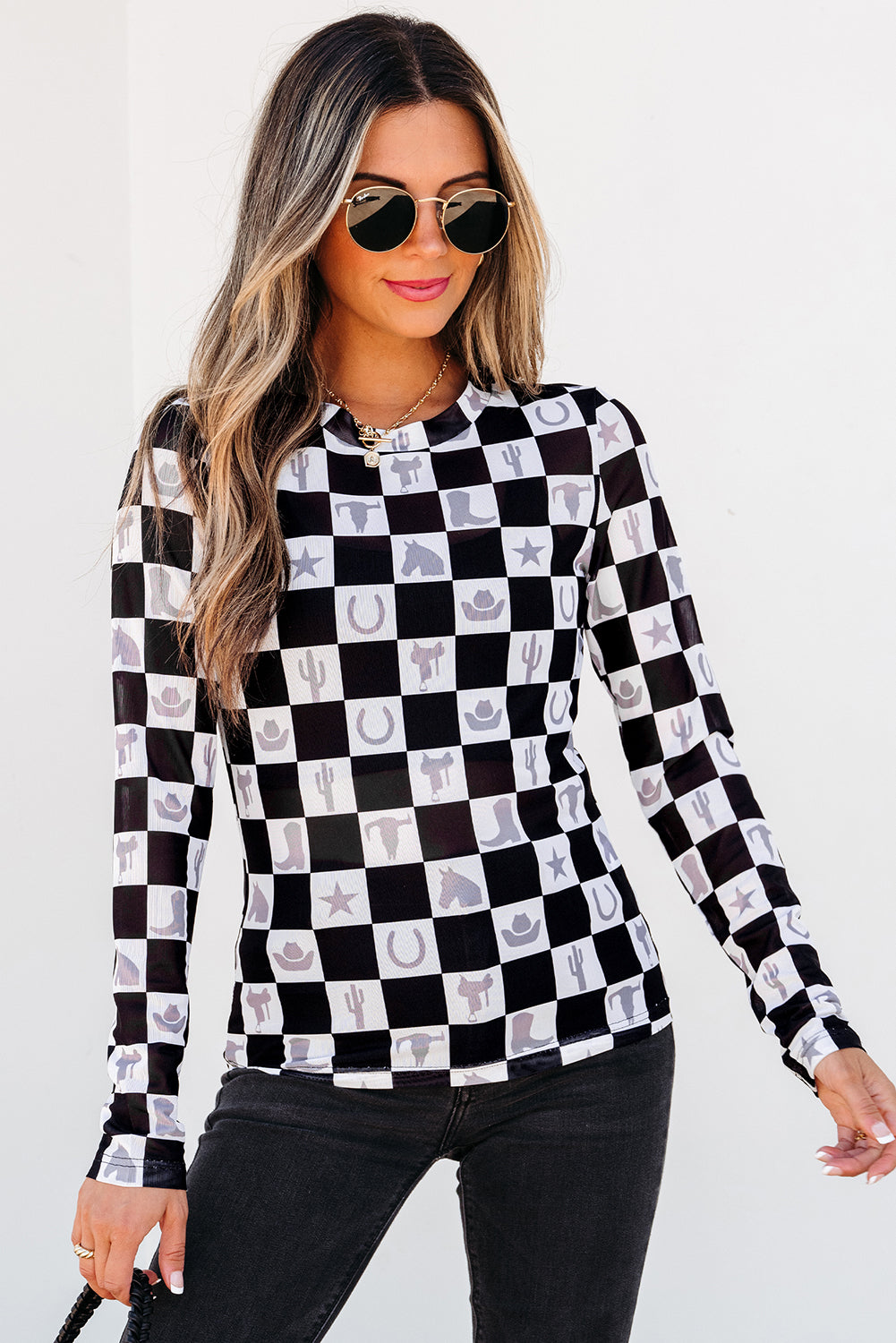 Checkerboard Western Elements Printed Mesh Long Sleeve Top | Black