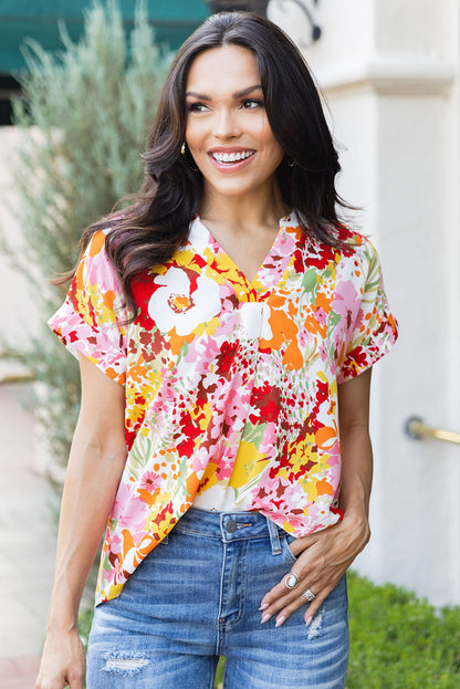 Boho Floral Print V Neck Short Sleeves Top | White