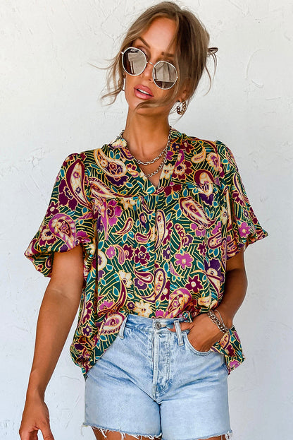 V Neck Short Bubble Sleeve Paisley Blouse | Green