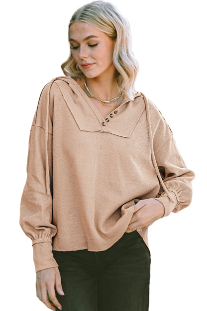 Buttoned V Neck Drawstring Knit Hoodie | Khaki