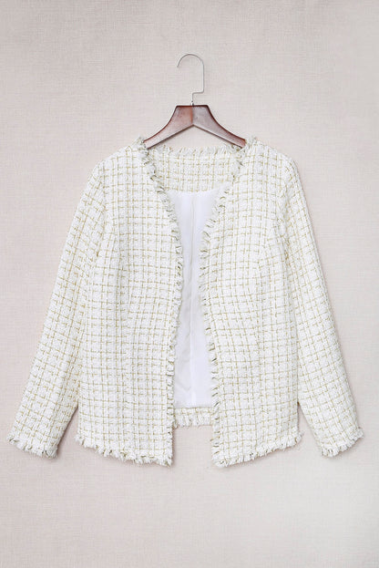 Frayed Slim-Fit Open Front Plaid Jacket | White