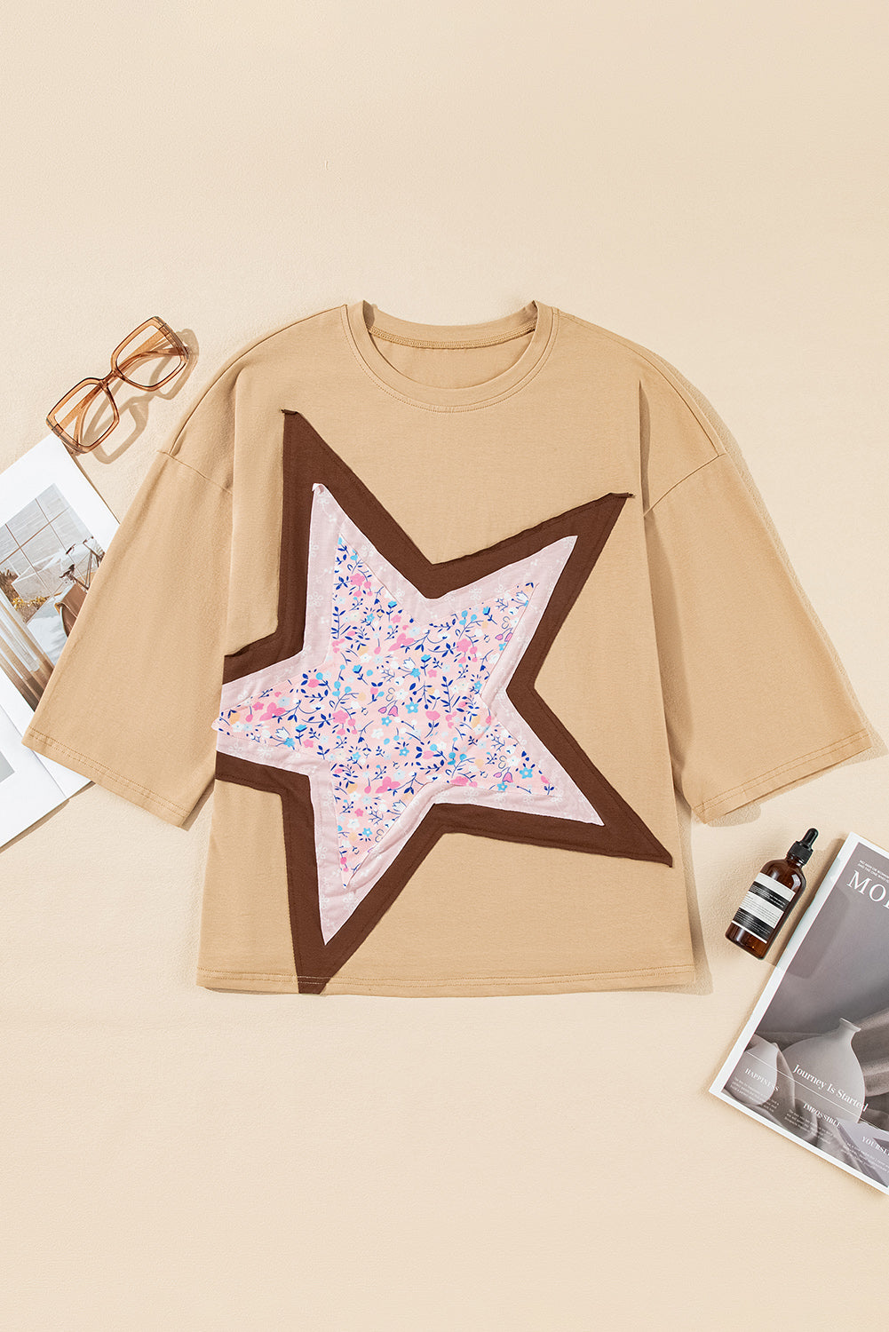 Floral Star Patchwork 3/4 Long Sleeve Top | Camel