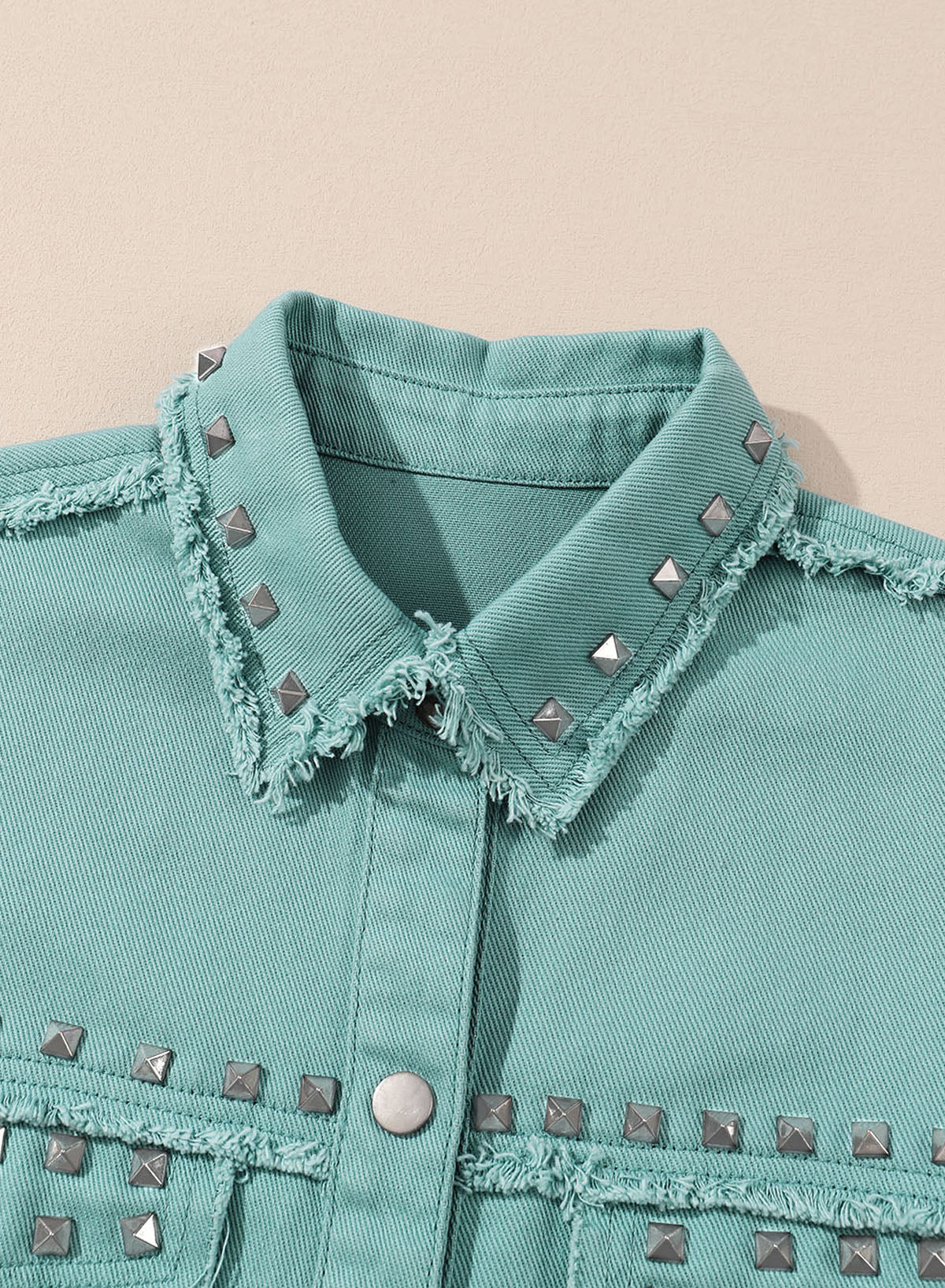 Frayed Trim Riveted Denim Jacket | Mist Green