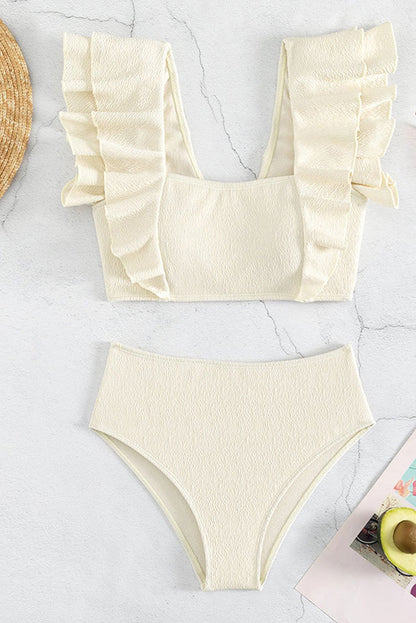 Textured Ruffled Square Neck High Waist Swimsuit | Beige