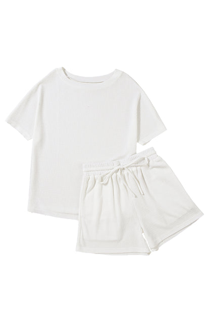 Casual Textured Tee And Drawstring Shorts Set | White