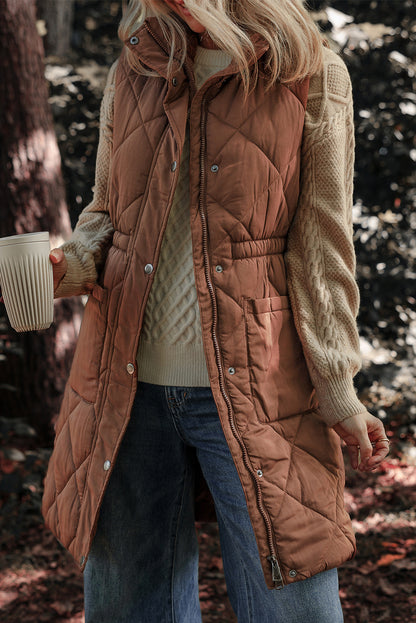 Longline Quilted Stand Collar Puffer Vest | Coffee