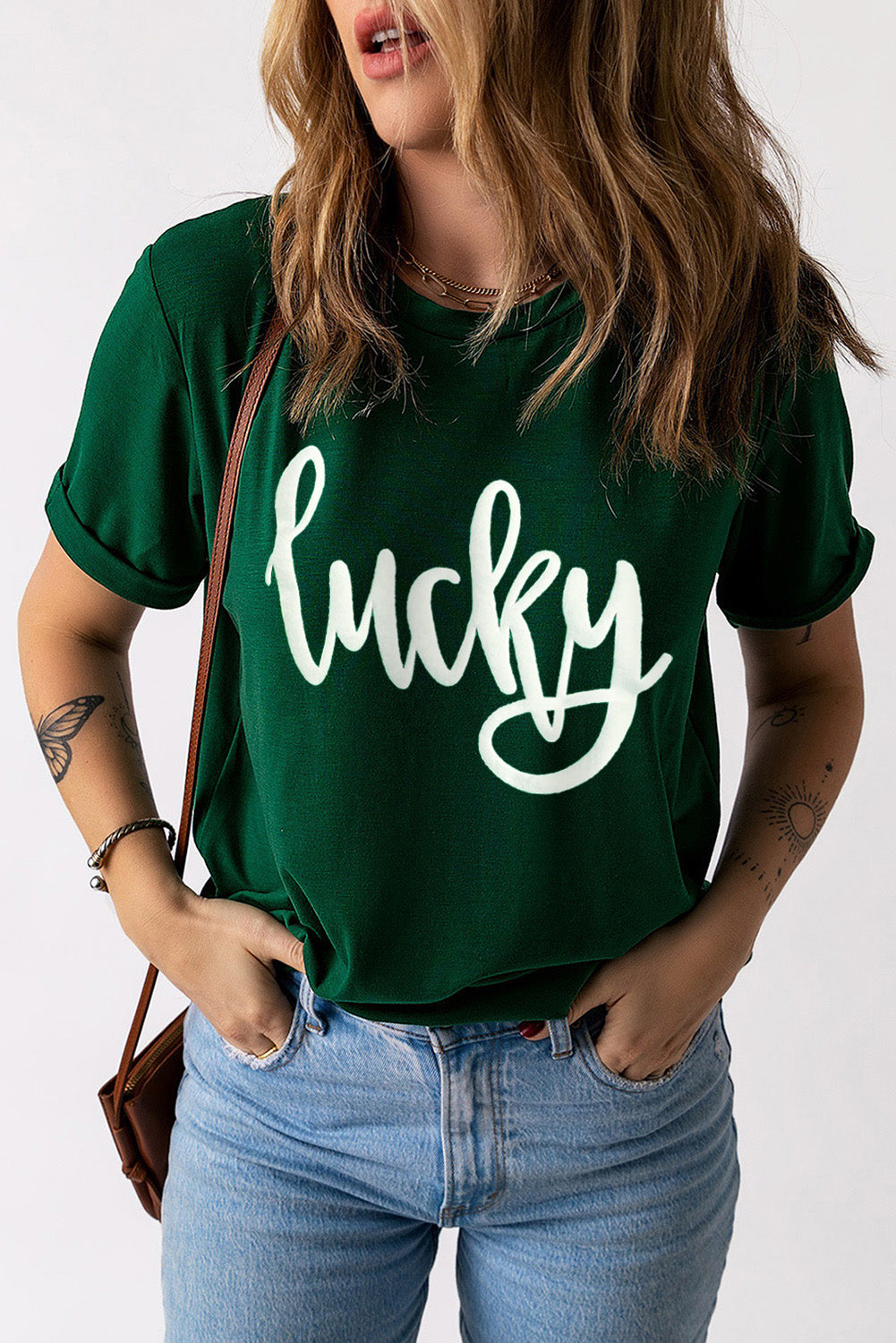 St. Patricks Lucky Puff Print Round Neck Casual Tee | Green