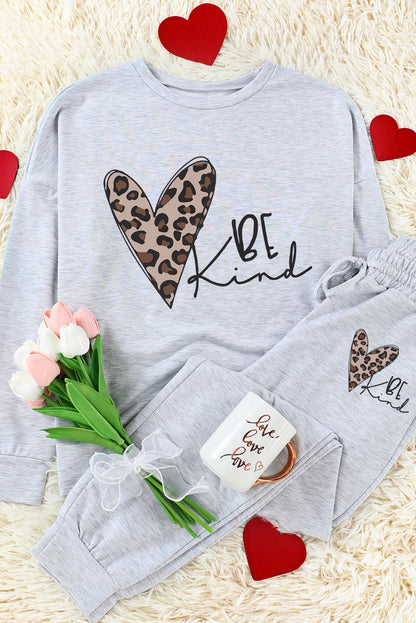 Be Kind Leopard Heart Graphic Pullover And Joggers Lounge Set | Gray