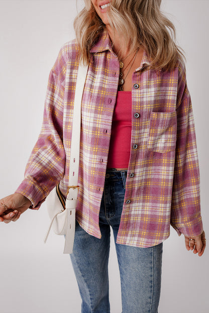 Plaid Print Chest Pocket Long Sleeve Shacket | Pink