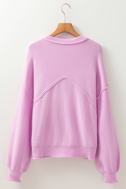 Raw Edge Ribbed Detail Drop Shoulder Sweater | Pink