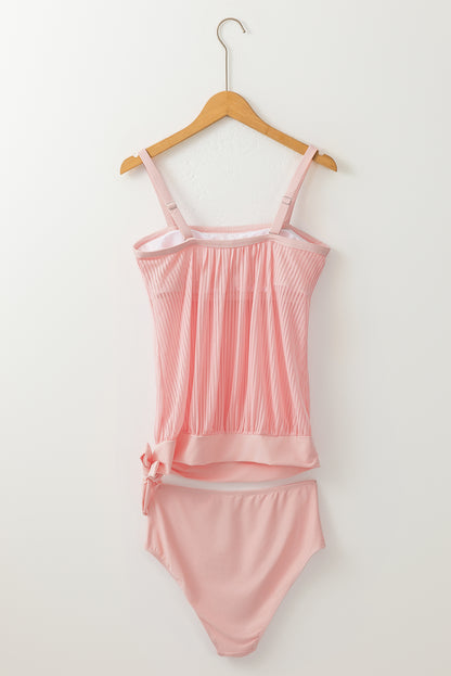 Striped Mesh Knotted Hem Tankini Swimsuit | Pink