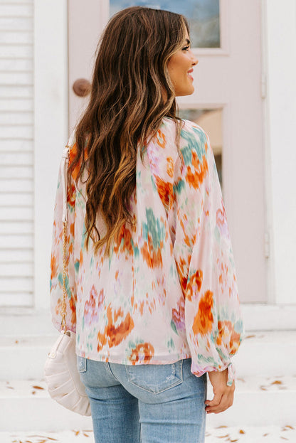 Abstract Print Split Neck Puff Sleeve Blouse | Multicolour