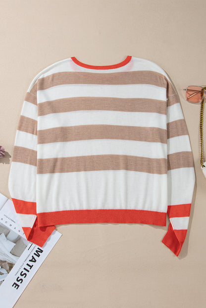 Colourblock Striped Round Neck Drop Shoulder Sweater | Apricot