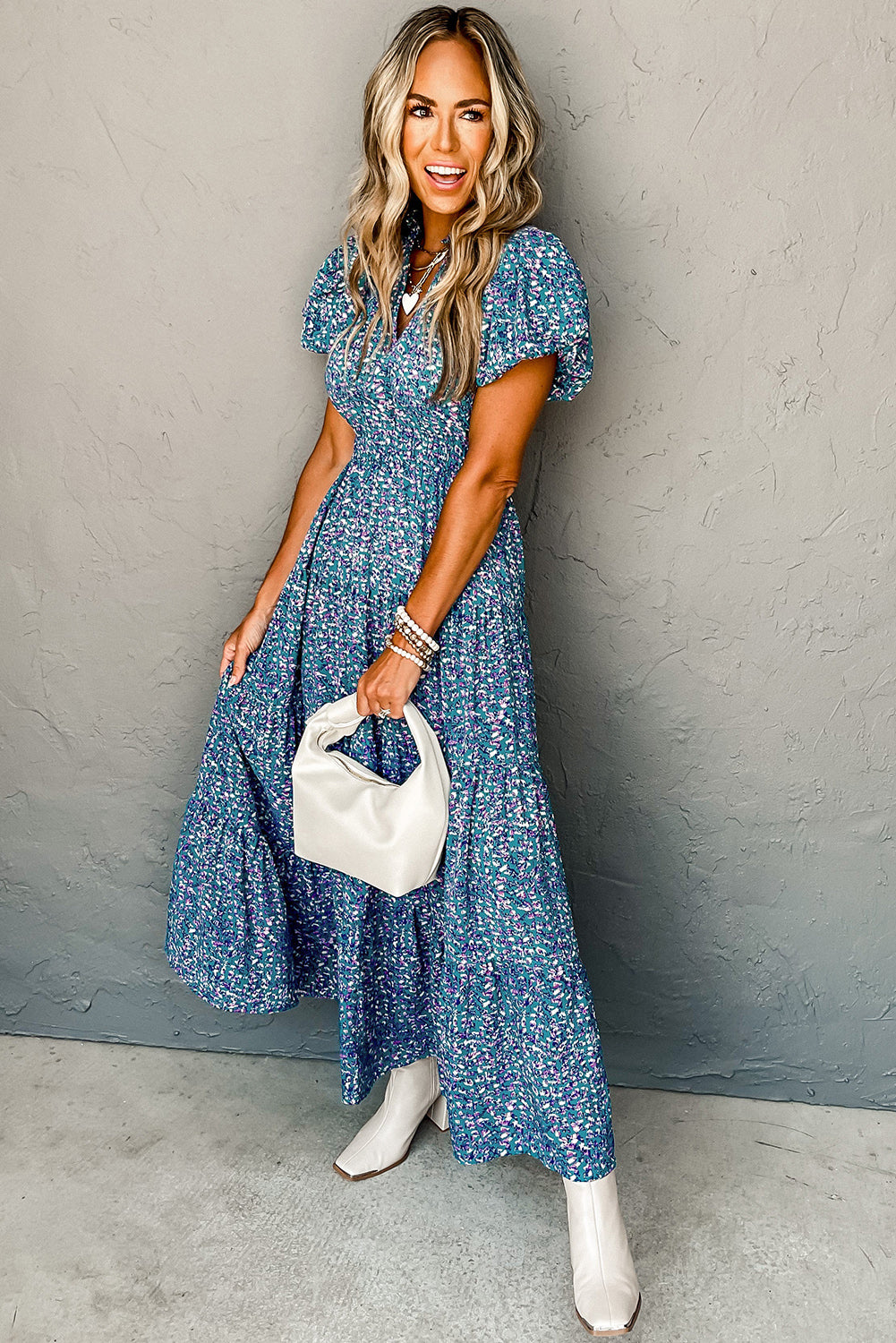 Printed V Neck Shirred Short Puff Sleeve Maxi Dress | Blue