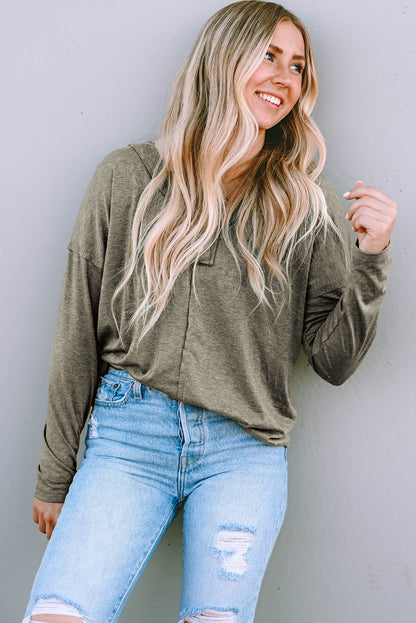 Long Sleeve V-Neck Stitching Henley Top | Khaki