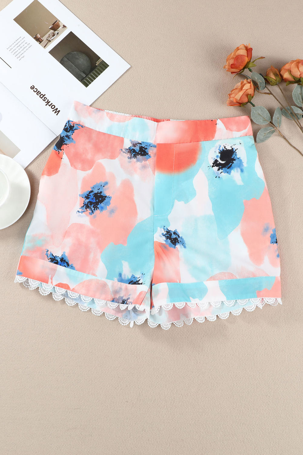 Abstract Water Marbling Print Lace Trim Shorts | Pink