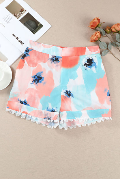 Abstract Water Marbling Print Lace Trim Shorts | Pink