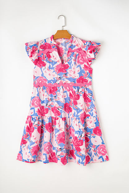 Floral Printed V Notched Ric Rac Flutter Sleeve Dress | Pink