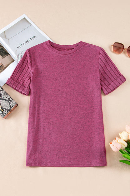 Ribbed Splicing Sleeve Round Neck T-Shirt | Bright Pink