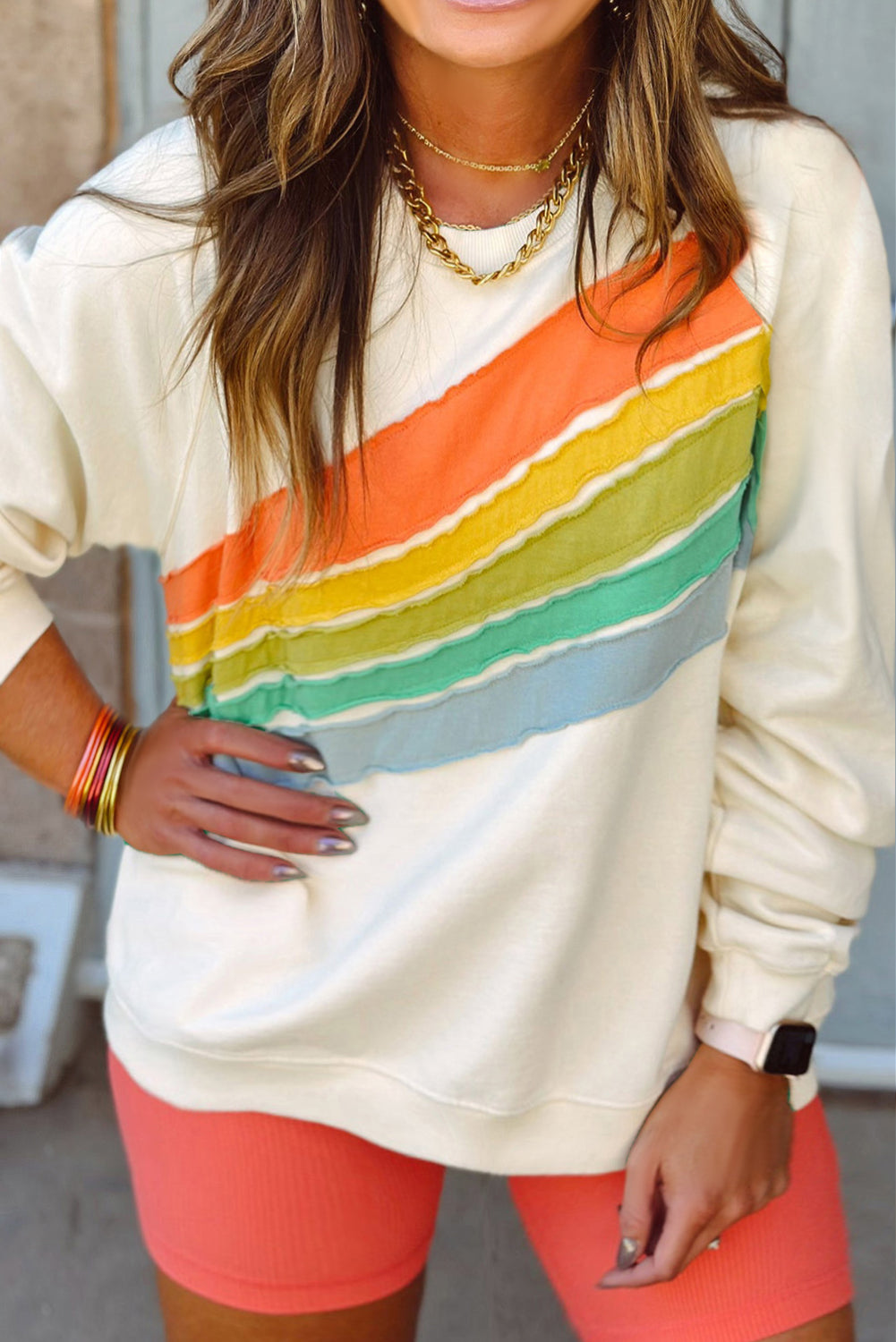 White Rainbow Raglan Sleeve Crew Neck Plus Size Sweatshirt | white