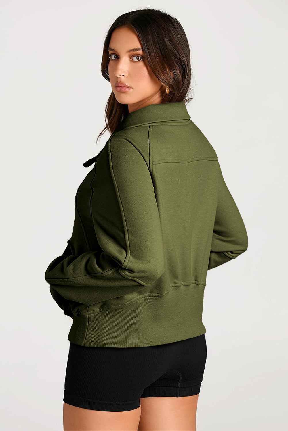 Quarter Zip Stand Neck Kangaroo Pocket Sweatshirt | Moss Green