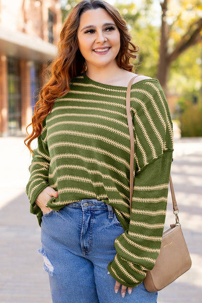 Drop Shoulder Casual Sweater | Green Stripe