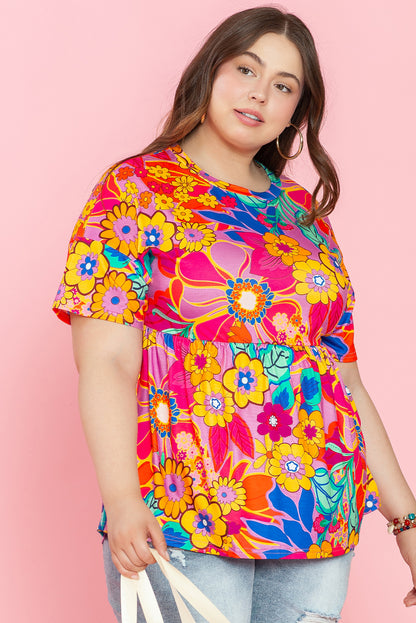 Floral Print Short Sleeve Plus Size Babydoll Blouse | Pink