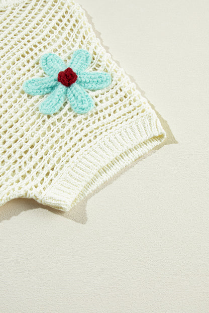 Crochet Flower Hollow-Out Sweater T Shirt | White