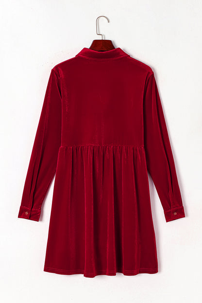 Fiery  Long Sleeve Ruffle Velvet Button Up Dress | Red