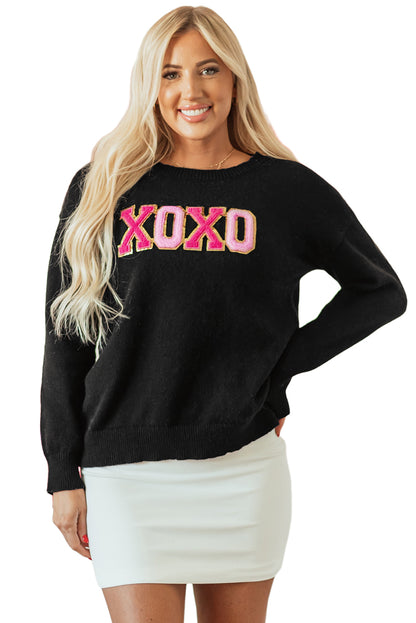 Black Xoxo Glitter Print Round Neck Casual Sweater | Colour black