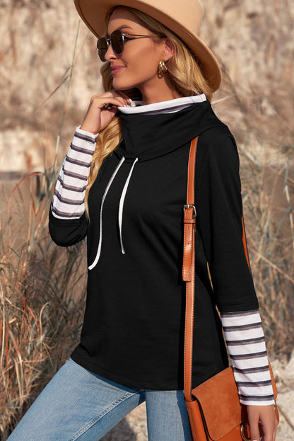 Striped Splicing High Neck Sweatshirt | Black