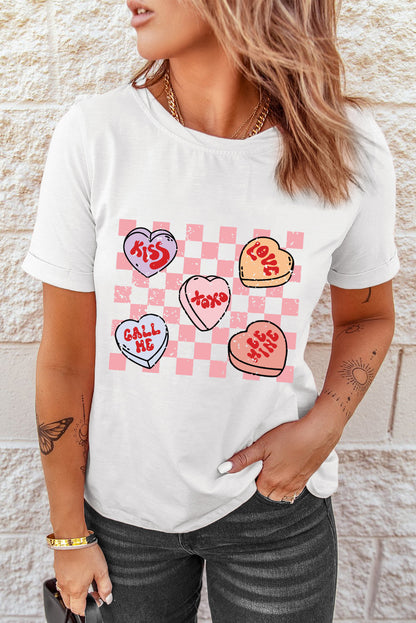 Checkered Valentines Heart Printed Crewneck T Shirt | White