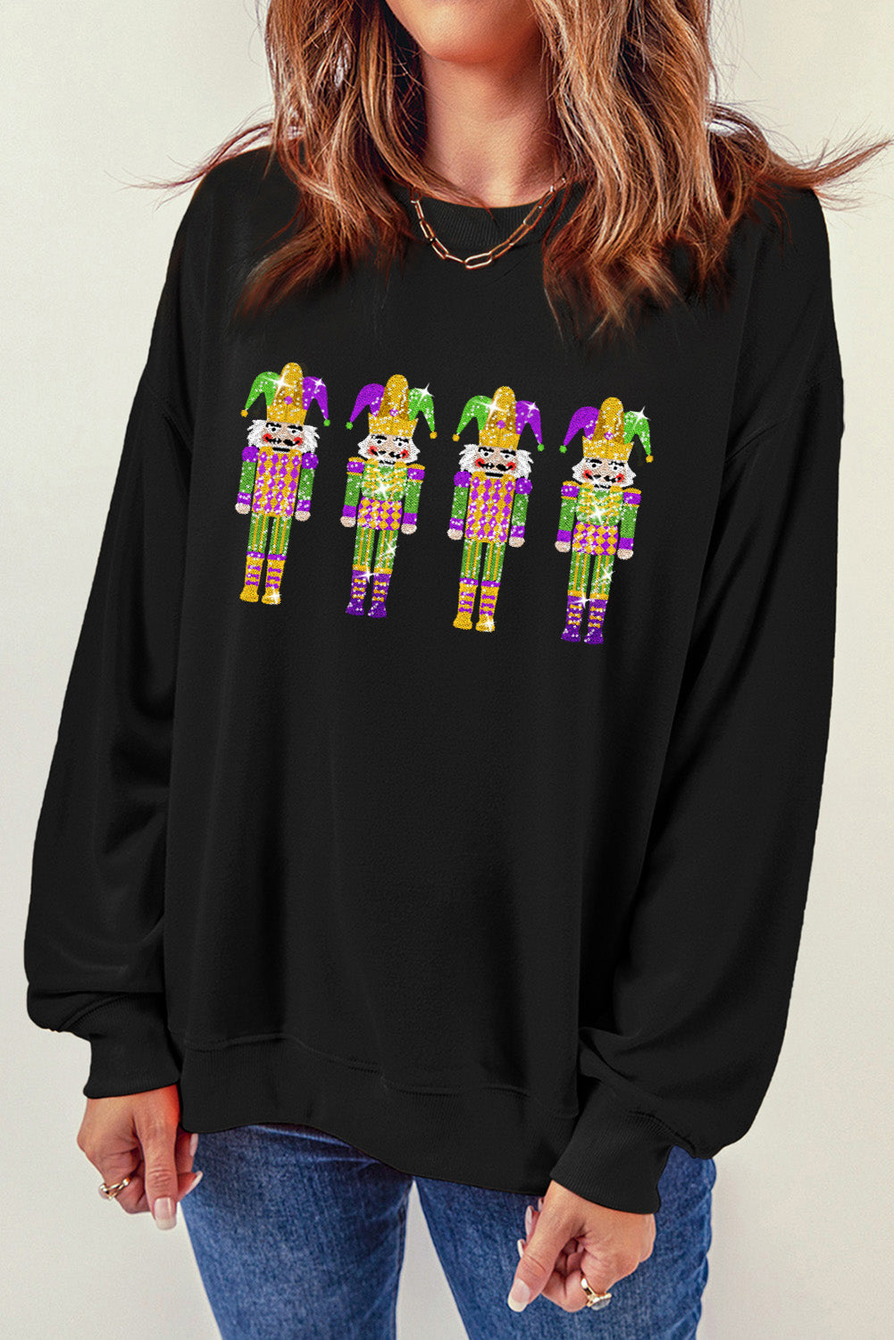 Glitter Mardi Gras Nutcracker Patch Sweatshirt | Black