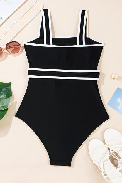 Colourblock Edge Belted One Piece Swimsuit | Black