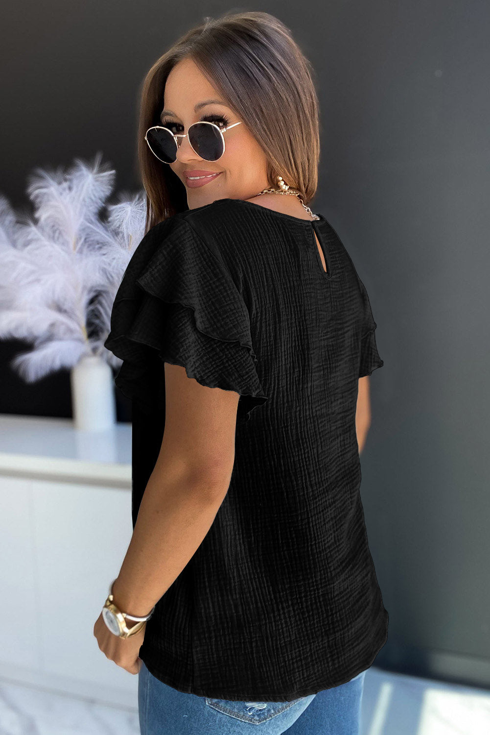 Textured Tiered Ruffled Short Sleeve Blouse | Black