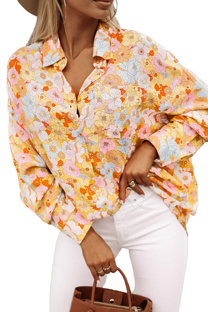 Floral Print Turn Down Collar Loose Shirt | Yellow