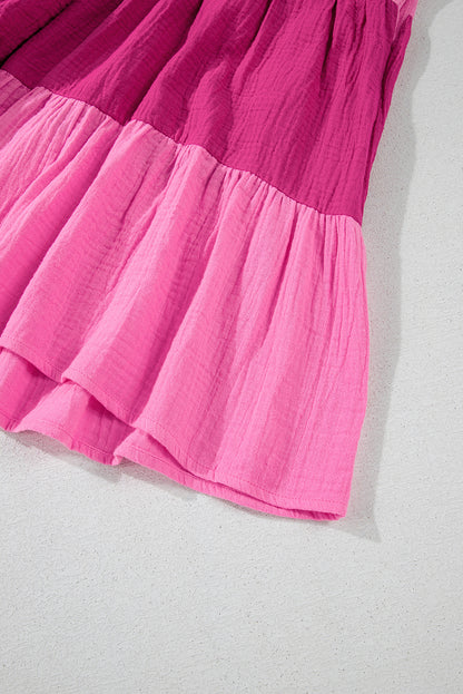 Crinkled Colourblock Patchwork Flutter Tiered Mini Dress | Pink